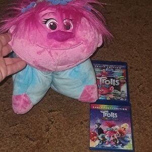 Pillow Pet Poppy Trolls   with Pink and Blue Colors with blue ray dvds movie lot